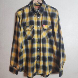 Dixxon Flannel Company Shirt Mens XL Yellow Black Plaid The Sentinel Snap Front